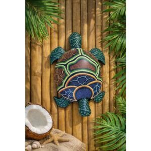 Vintage Jamaican Hand Carved Turtle Wall Art Folk Art Dot Painted VR Collections